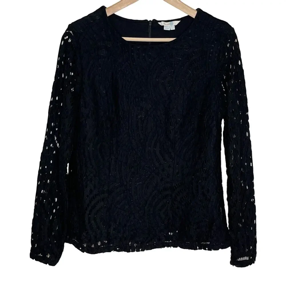 Boden Zeta Lace Top Size 6 Black Long Sleeve Lined Openwork Blouse